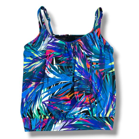 NWT Swim Solutions Blue Blouson Tankini Top SZ 22W Loose Fit Underwire Tropical - Picture 3 of 10